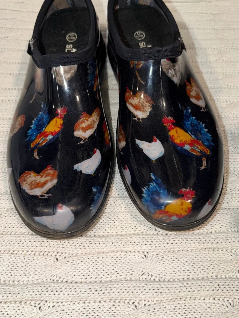 Sloggers Black Garden Clog Rain Shoes with Colorful Rooster / chicken Print